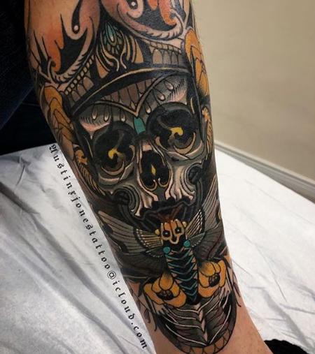 Austin Jones - Neo Traditional King Skull with Moth and Flowers Tattoo